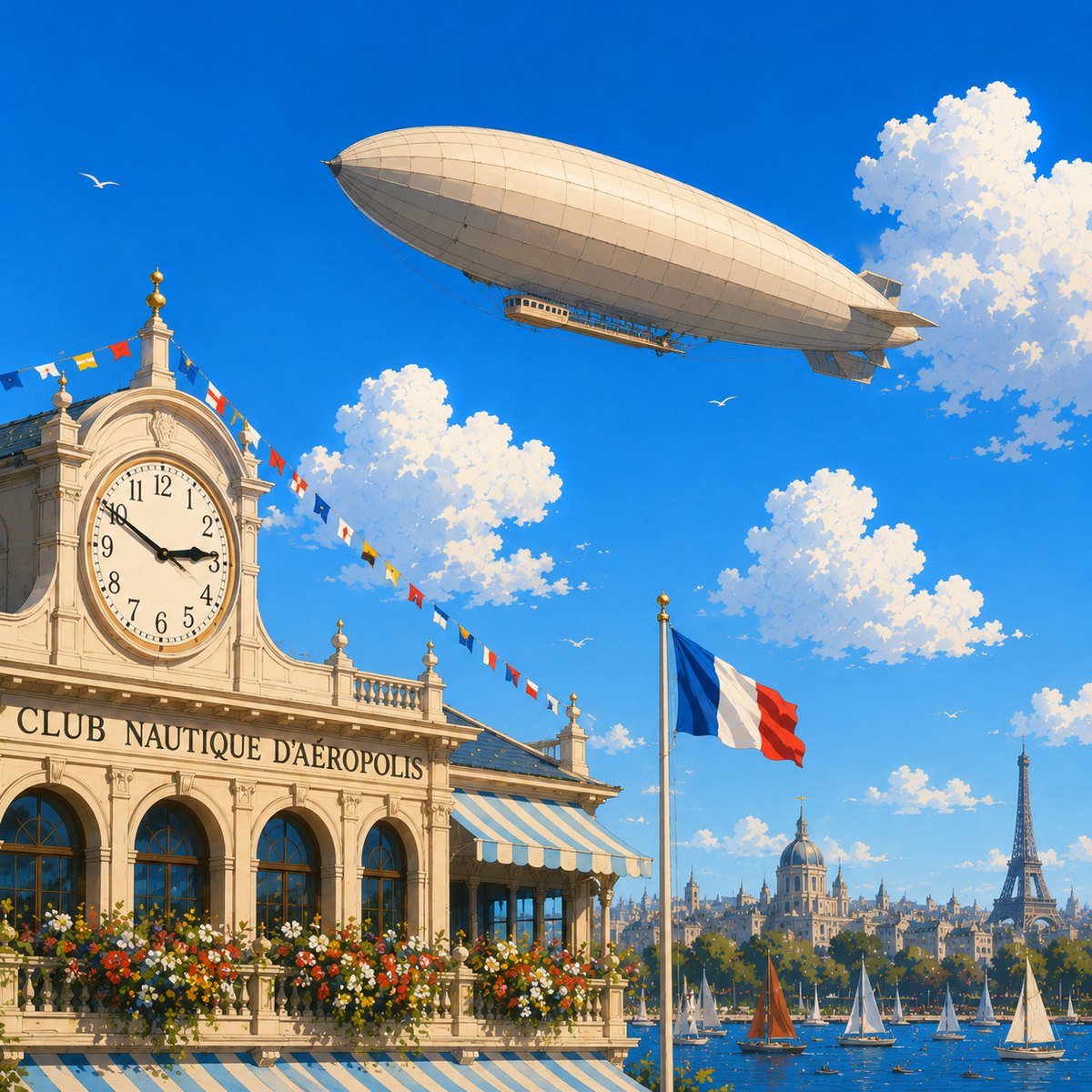 Aéropolis, 1925 : le Club Nautique sous un ciel clair, un dirigeable au-dessus du golfe, voiliers et pavillons.