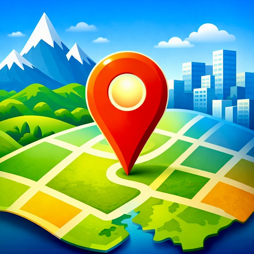 Icone Y'où dessin montagne ville et campagne avec épingle de localisation